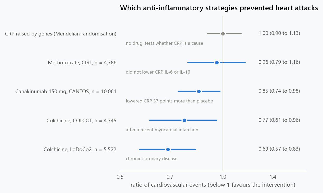 Forest plot of five estimates of the effect on cardiovascular events, with 95% intervals. CRP raised by genes (Mendelian randomisation): 1.00, 0.90 to 1.13. Methotrexate, CIRT, n = 4,786: 0.96, 0.79 to 1.16. Canakinumab 150 mg, CANTOS, n = 10,061: 0.85, 0.74 to 0.98. Colchicine, COLCOT, n = 4,745: 0.77, 0.61 to 0.96. Colchicine, LoDoCo2, n = 5,522: 0.69, 0.57 to 0.83.
