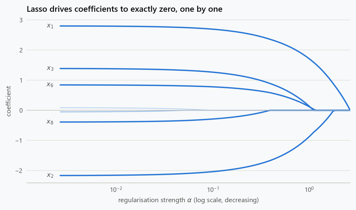 Lasso coefficient paths against the regularisation strength. Coefficients shrink to exactly zero one after another as the penalty grows, which is how lasso performs variable selection.